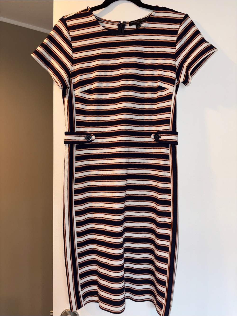 Banana Republic Navy, White & Peach Striped Sheath Dress (6)